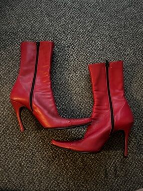 Women's Charles David Red Leather Mid-Calf Stiletto Boots